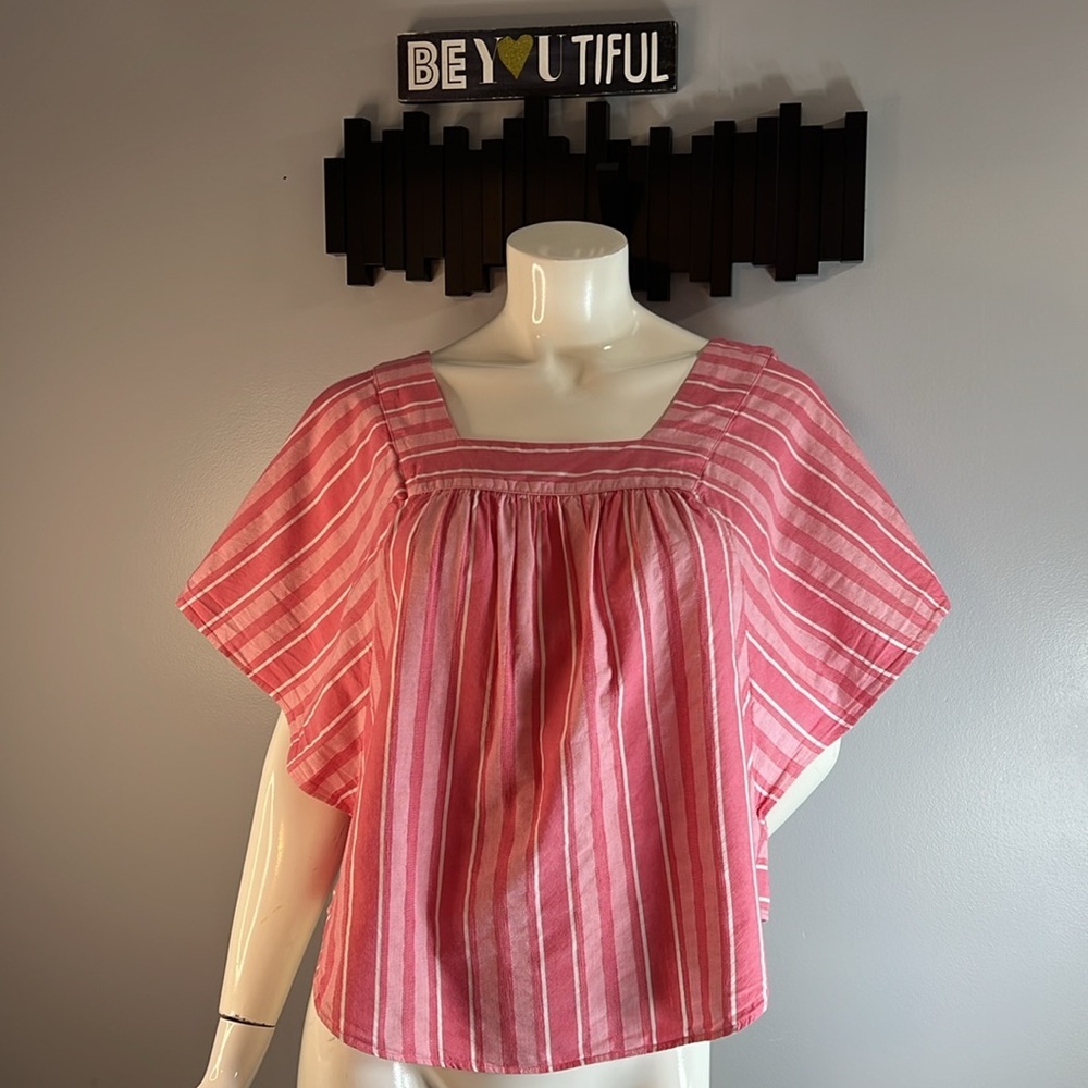 Tommy Hilfiger Pink Striped Square-Neck Blouse Butterfly Sleeves Size Medium